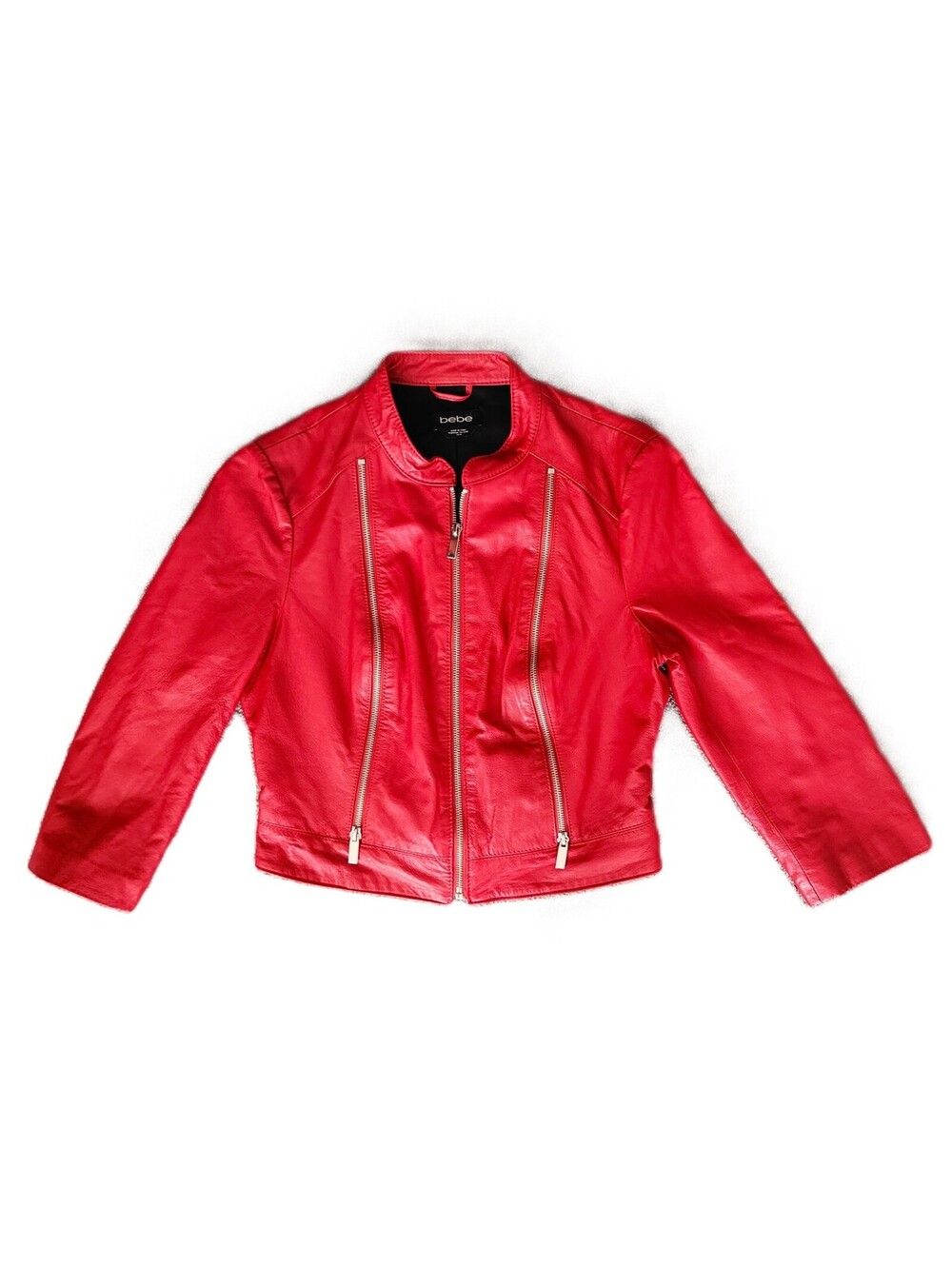 Bebe Women's Medium Cherry Red Genuine Leather Zip Jacket Moto Biker Scooter